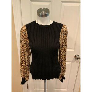 Current Air Black Sweater W/Brown Animal Print Puff Sleeves Size Small, NWT!